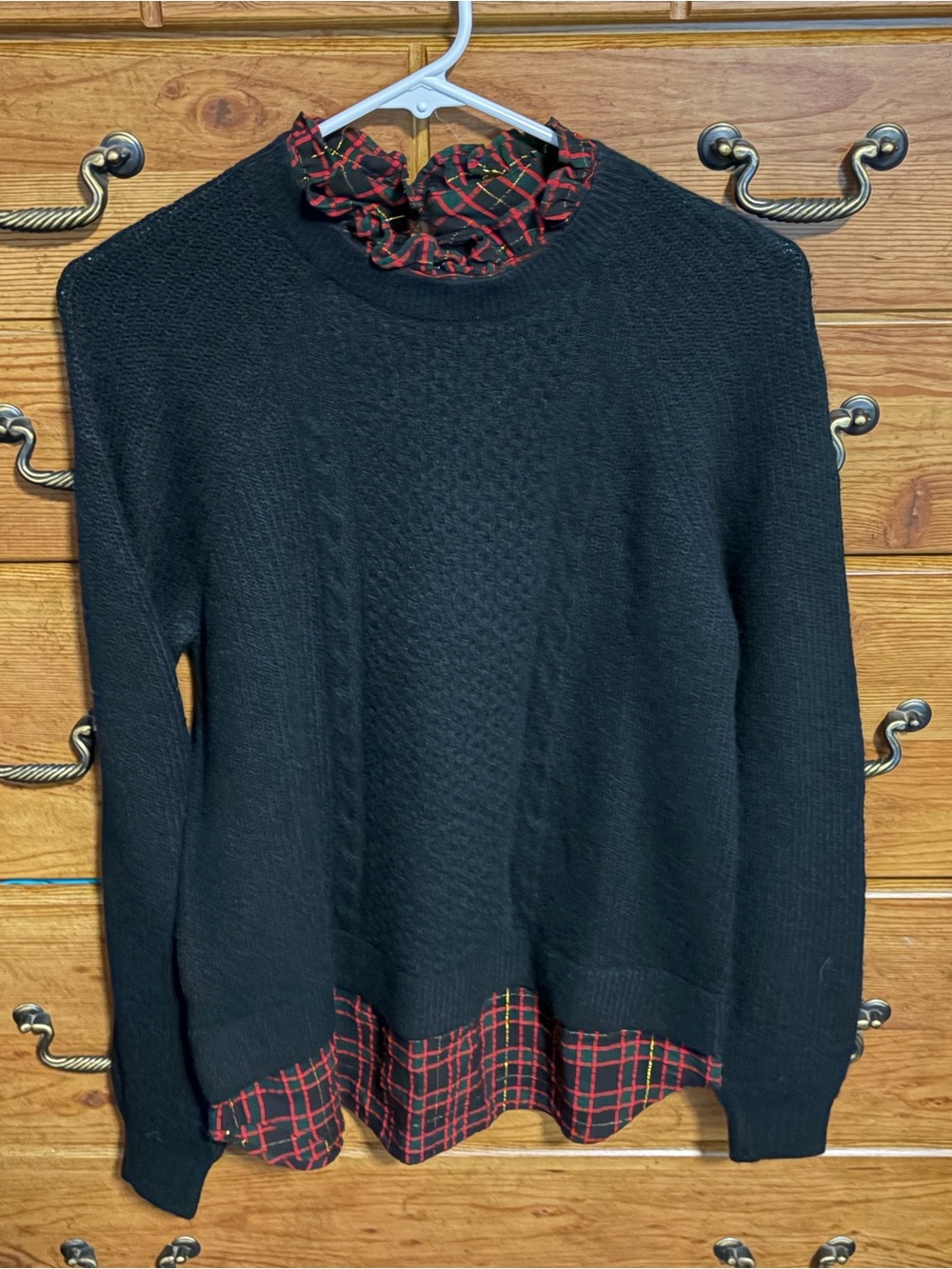 LOFT Black Cable Knit Sweater with Red Plaid Trim